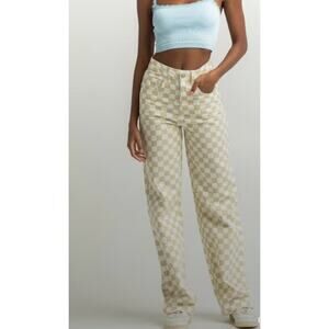 NWT Women's Tilly's RSQ High Waisted Baggy White & Tan Checkerboard Pants 33